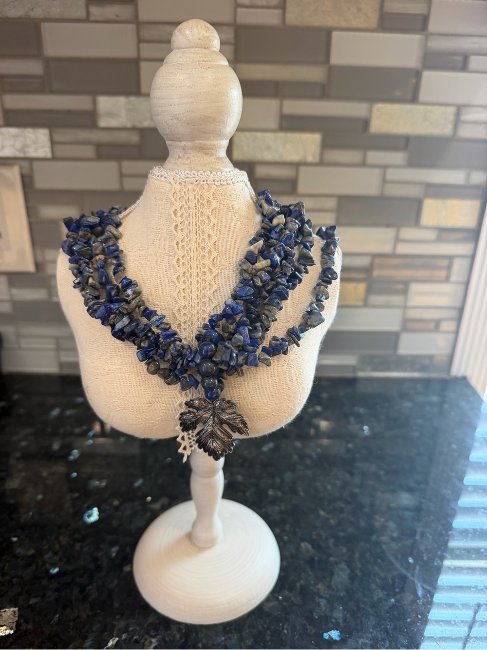Handcrafted Blue Lapis Chip Necklace with Leaf Pendant